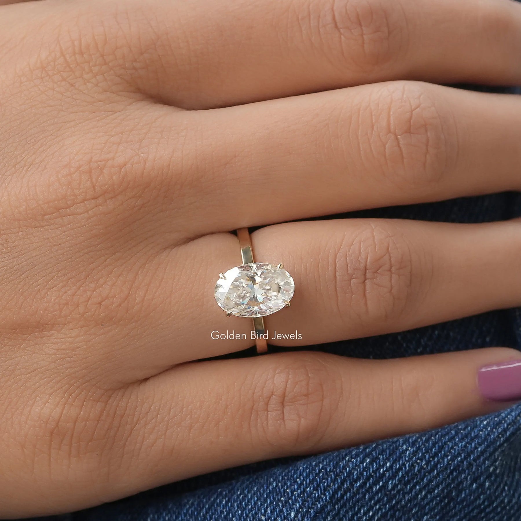 View of Oval Cut Moissanite Solitaire Hidden Halo Ring In Finger