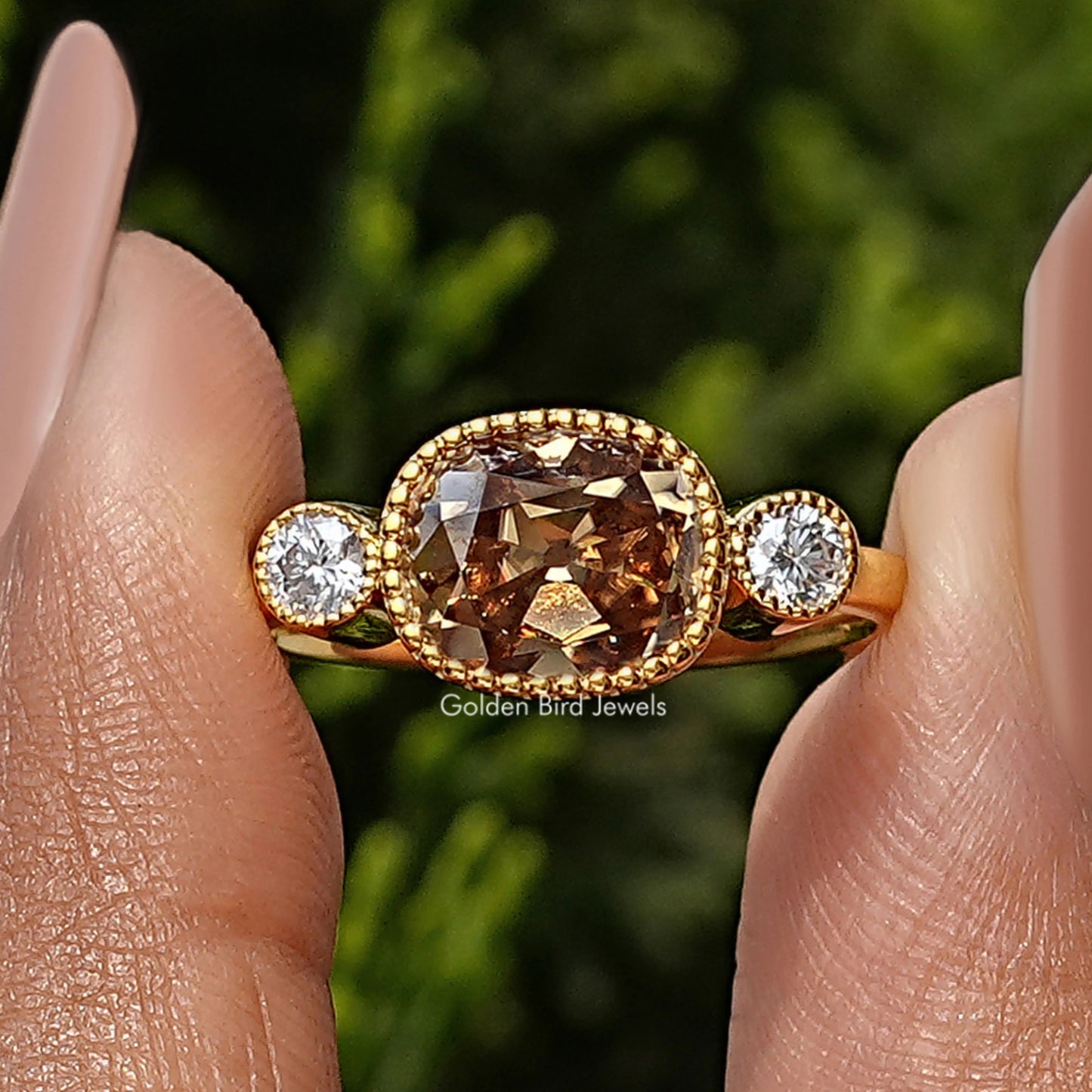 Three Stone Old Mine Cushion Cut Solitaire Engagement Ring