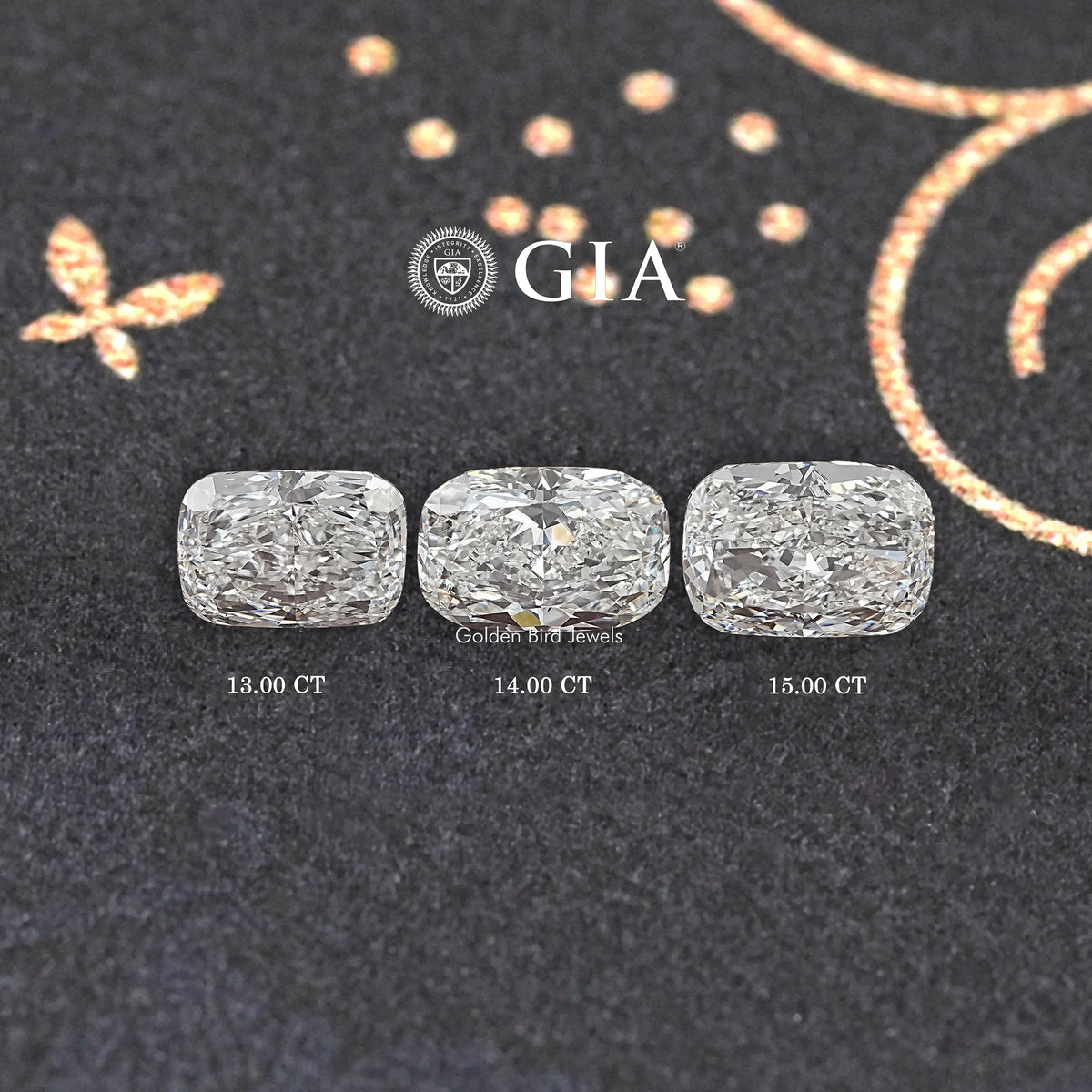 Three elongated cushion-cut diamonds: 13.00 CT, 14.00 CT, 15.00 CT