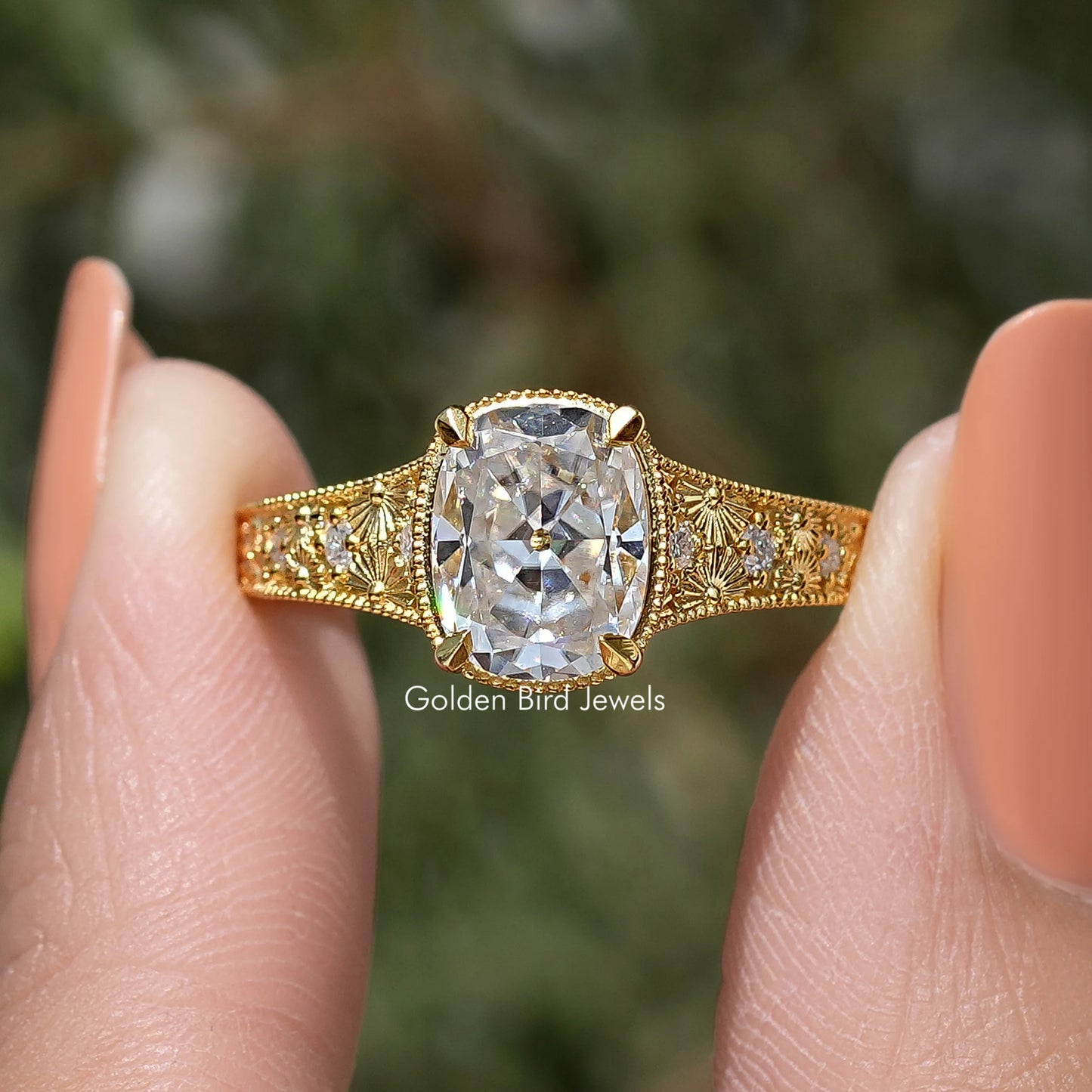 Old Mine Cushion Cut Moissanite Diamond Accent Ring