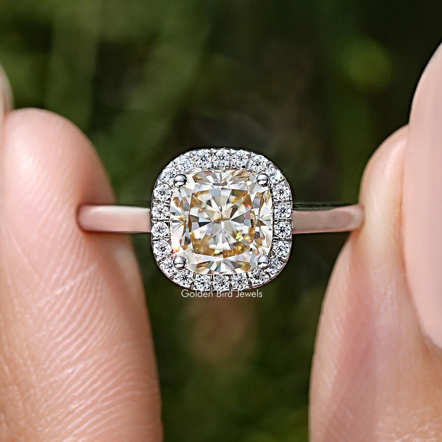 Champagne Old Mine Cushion Cut Moissanite Halo Ring