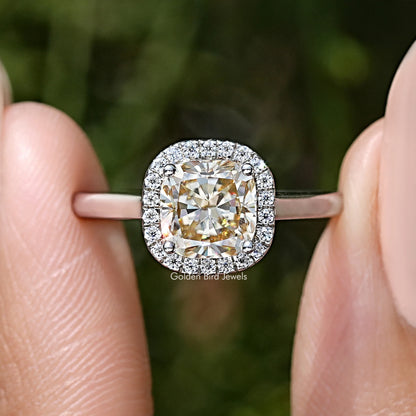 Champagne Old Mine Cushion Cut Moissanite Halo Ring
