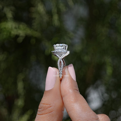 Engagement ring view with square halo and twisted shank featuring lab diamonds