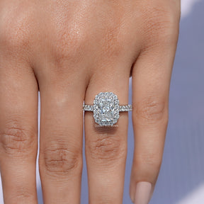 In finger front view of Lab Diamond Halo Accent Engagement Ring in unique shape