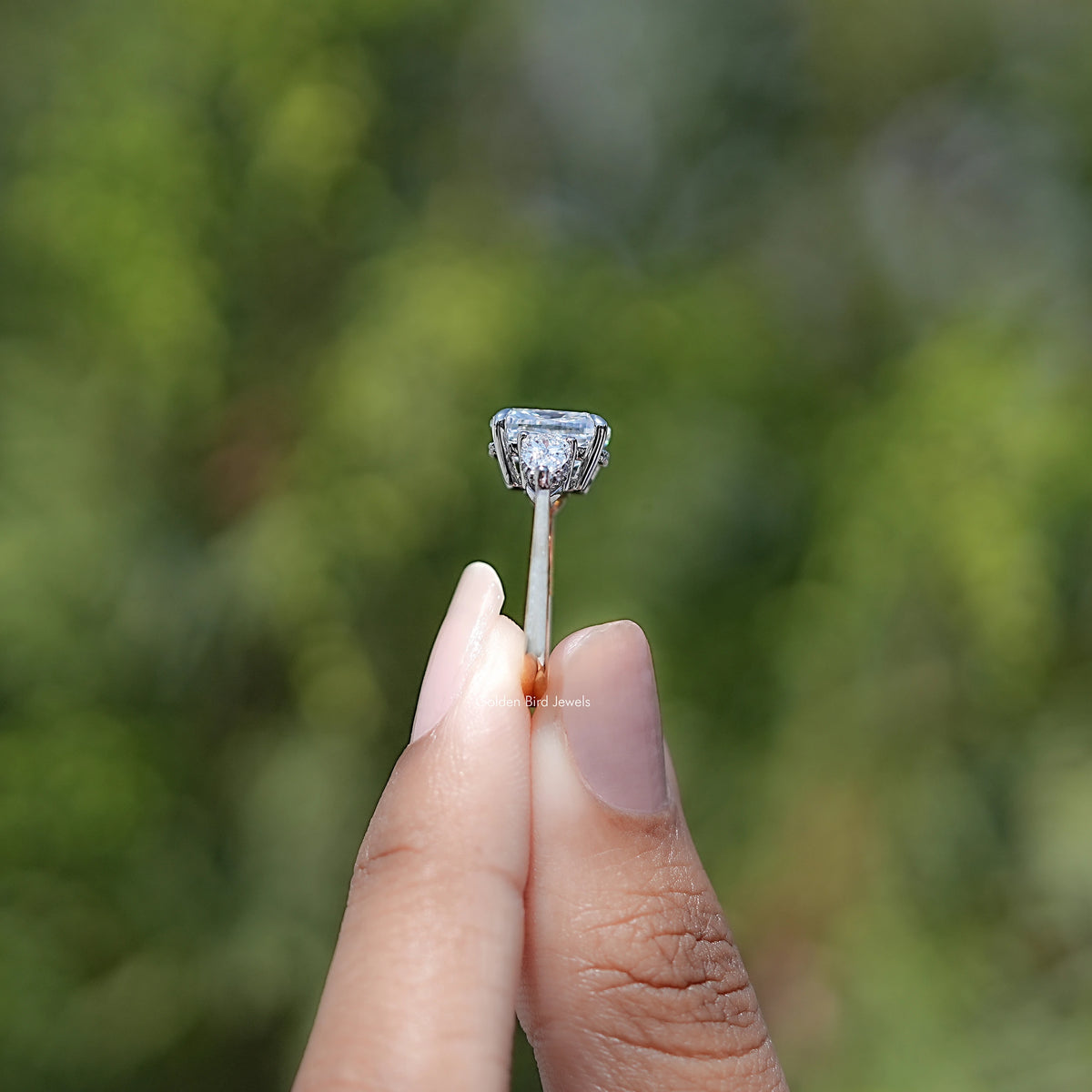 Side View of Cushion Diamond Three Stone Halo Ring