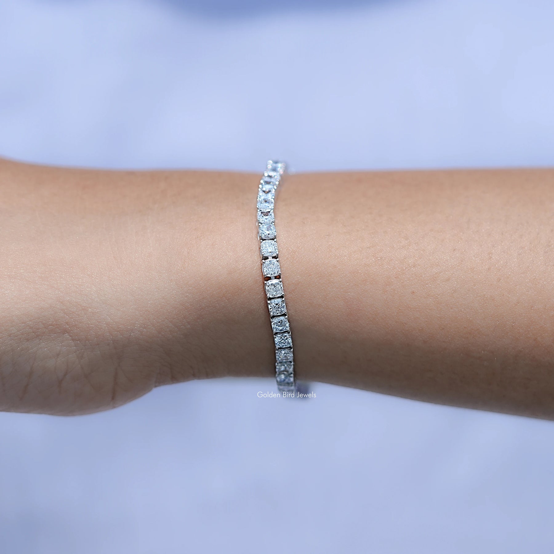 Cushion Cut Diamond Tennis Steel Bracelet in Unique Pattern 
