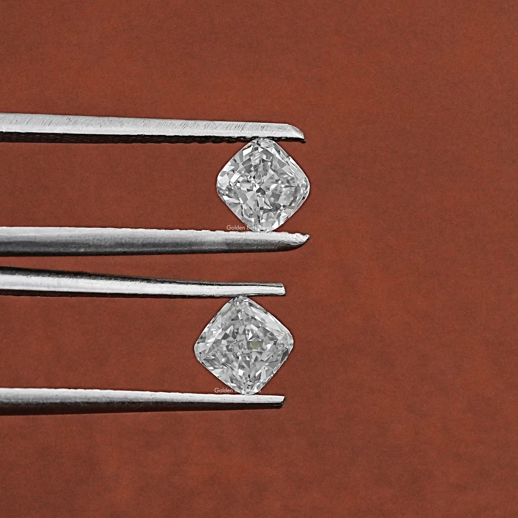 In Tweezer View Of Cushion Cut Lab Grown Diamonds