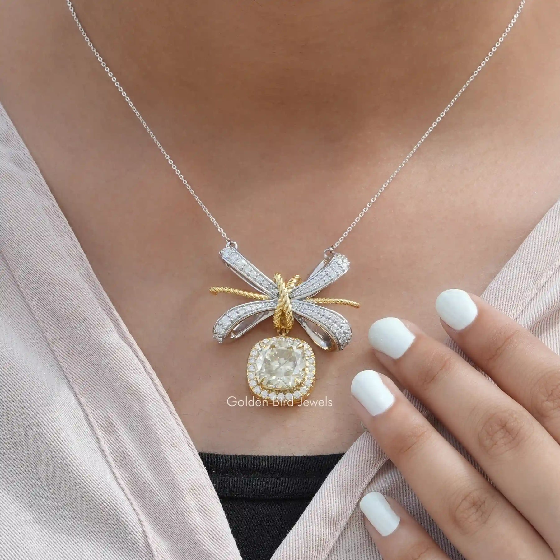 Full view of moissanite pendant in unique shape 