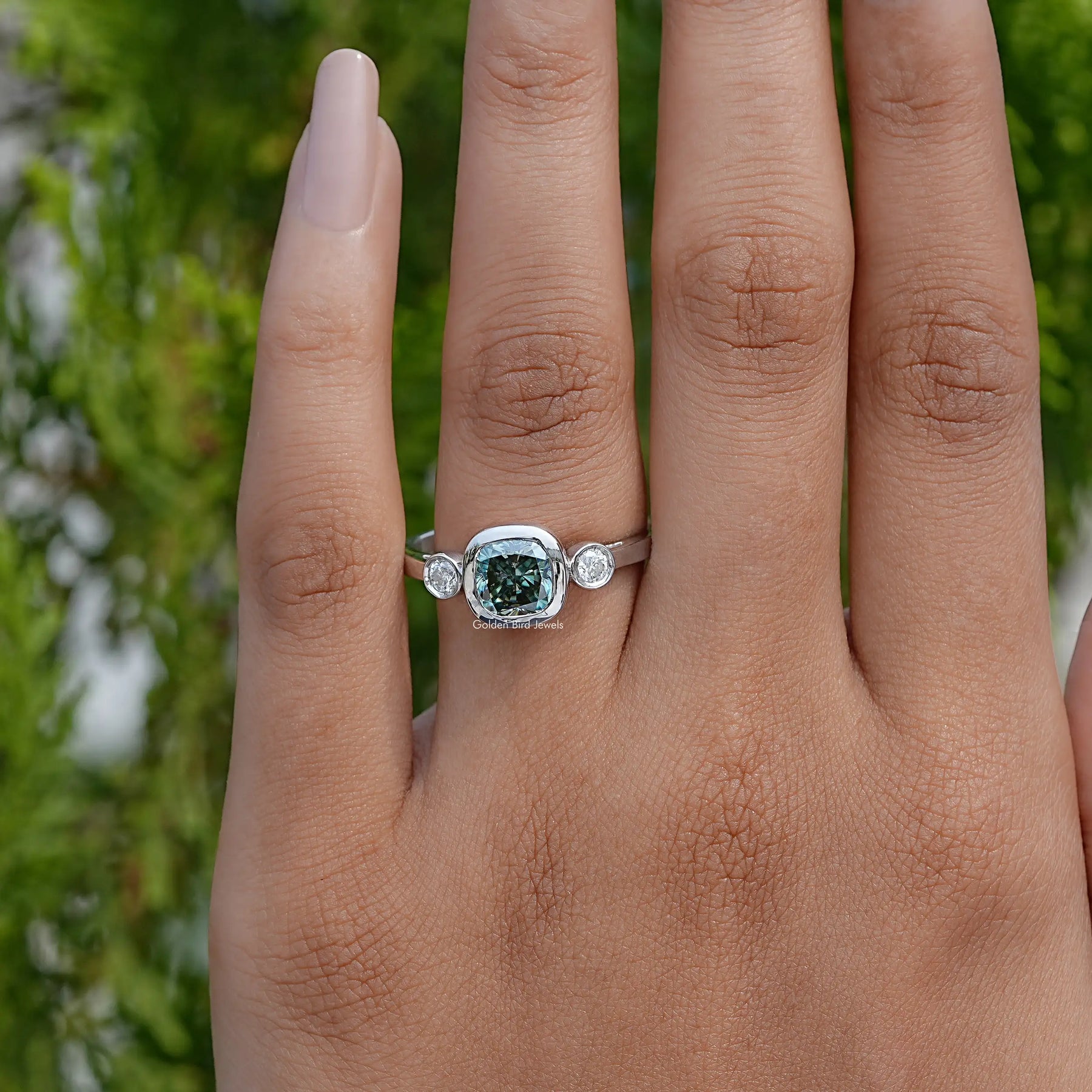 In finger view of Cushion Cut Moissanite Engagement Ring