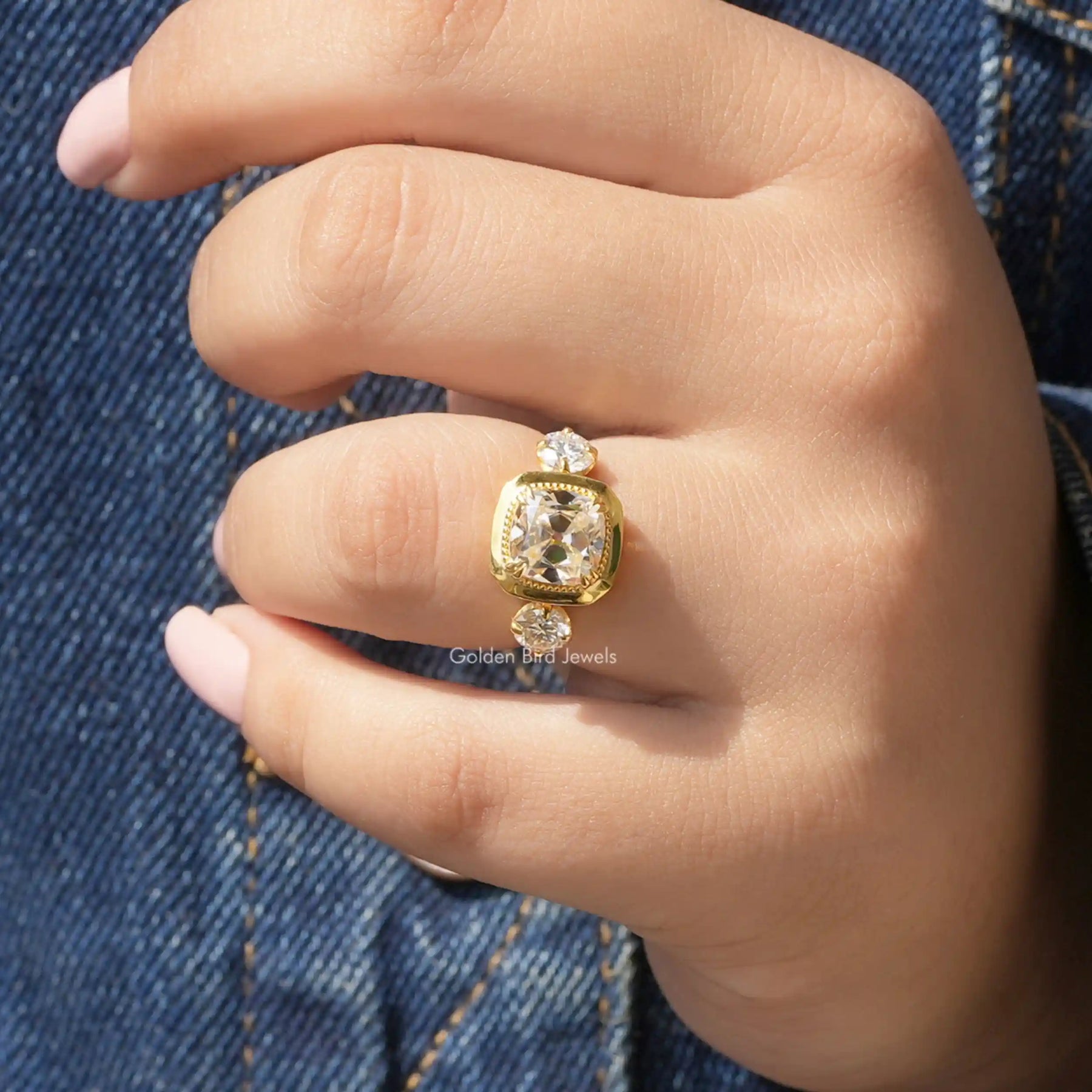 Detailed View Of Old Mine Cushion Cut 3 Stone Ring 