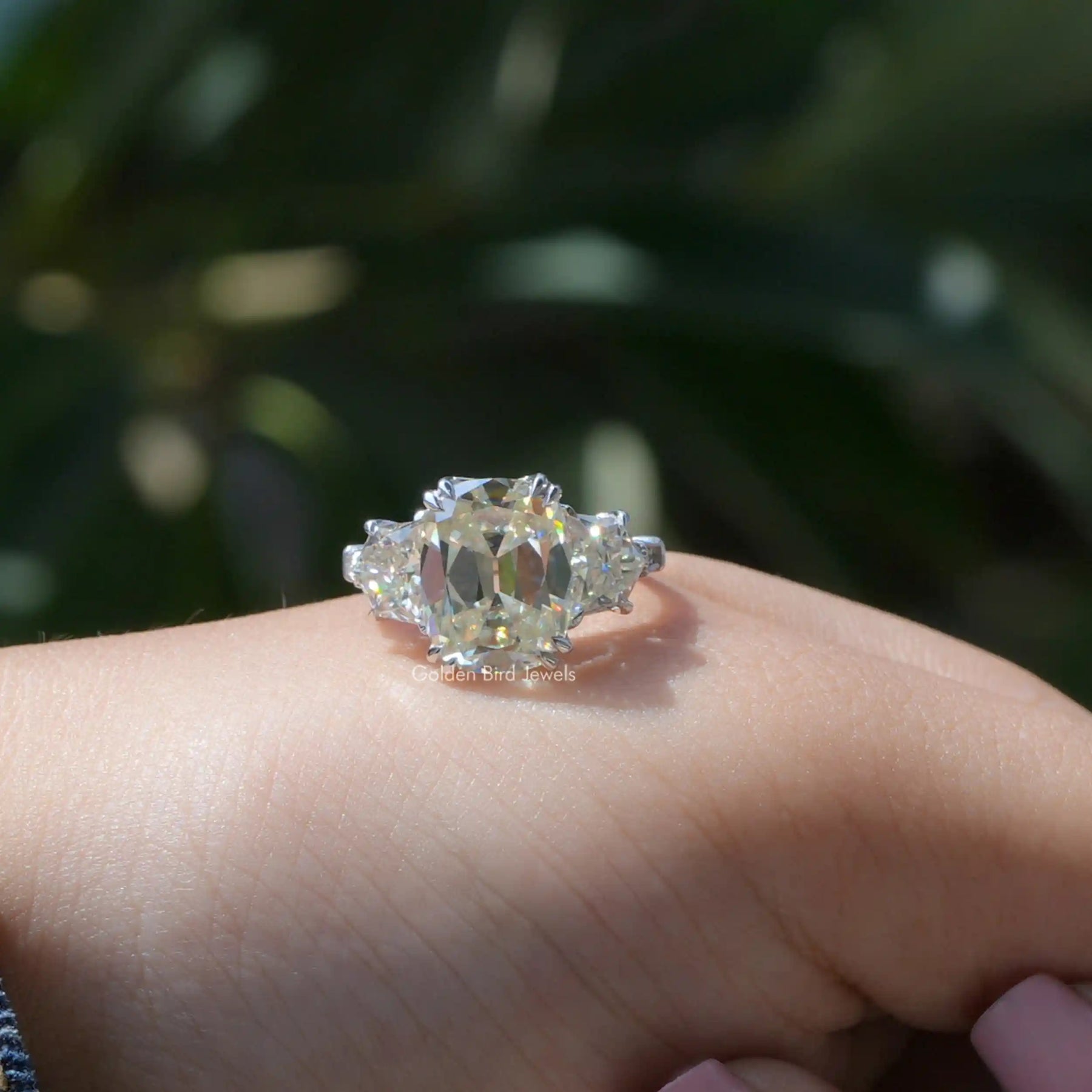 Detailed View Of Cushion Cut Moissanite Three Stone Ring In White Gold