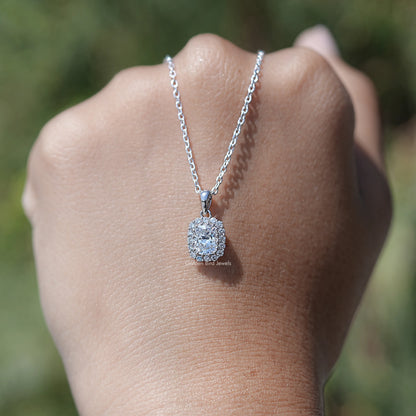 Front View of Cushion Cut Halo Pendant In Lab Grown Diamond