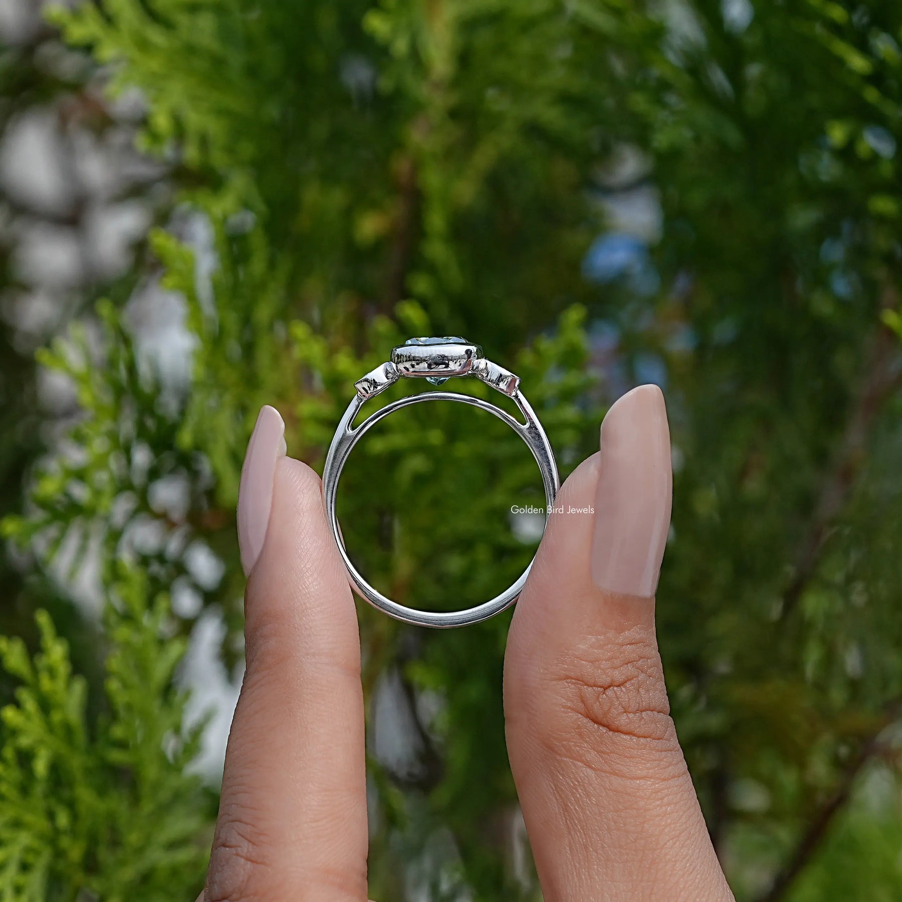 Back view of Cushion Cut Moissanite Engagement Ring in secure setting 