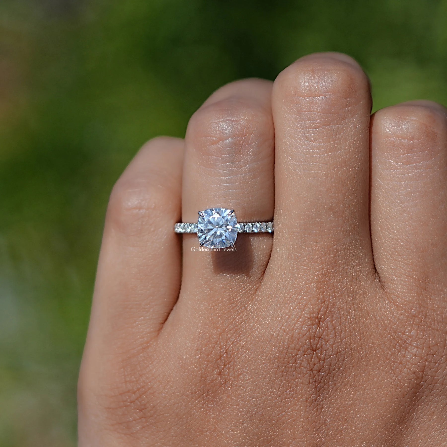 Close view of Cushion Cut Moissanite Solitaire Ring