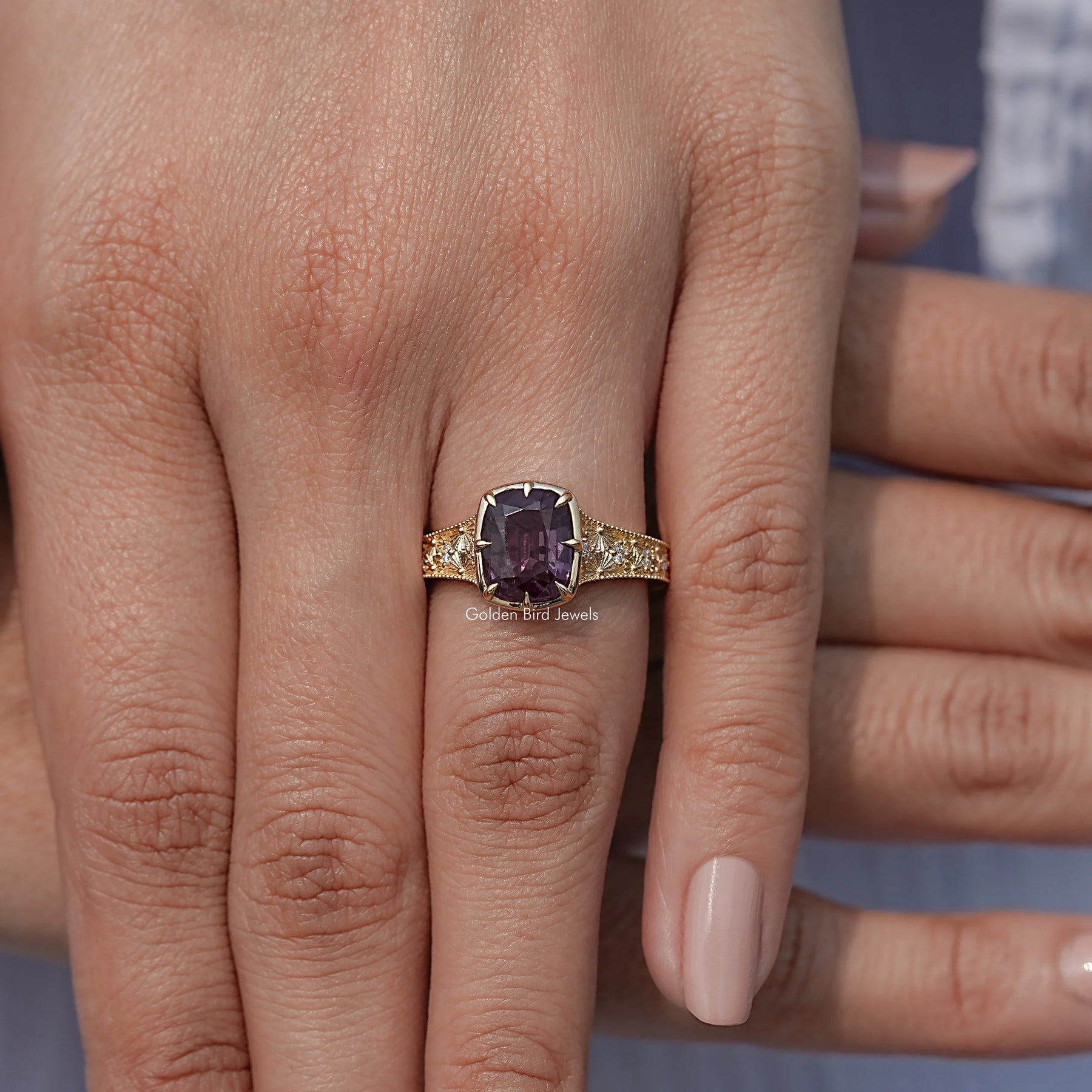 Cushion Alexandrite Gemstone Accent Stone Ring