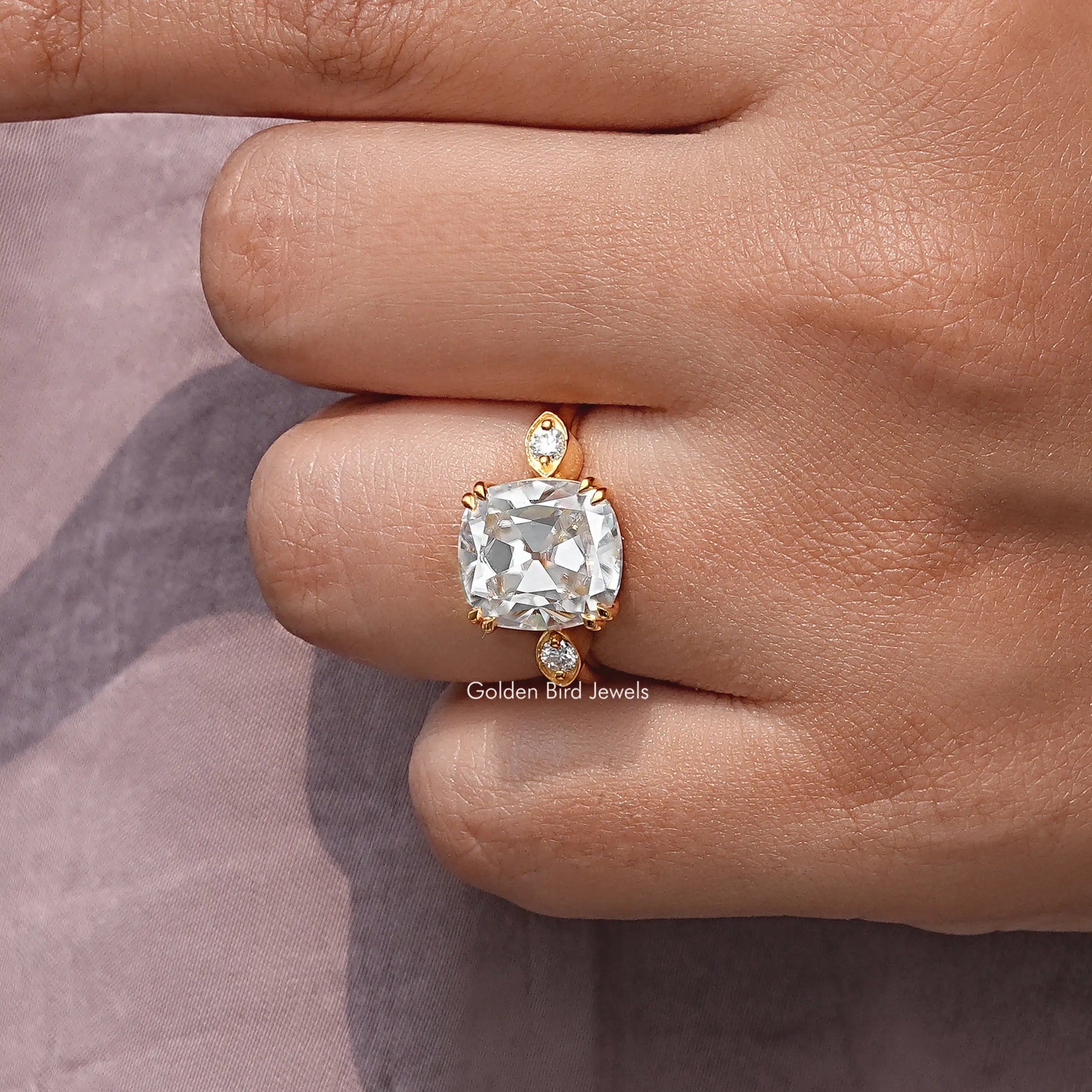 Old Mine Cushion Three Stone Moissanite Ring