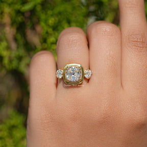 Old Mine Cushion Moissanite Three Stone Ring