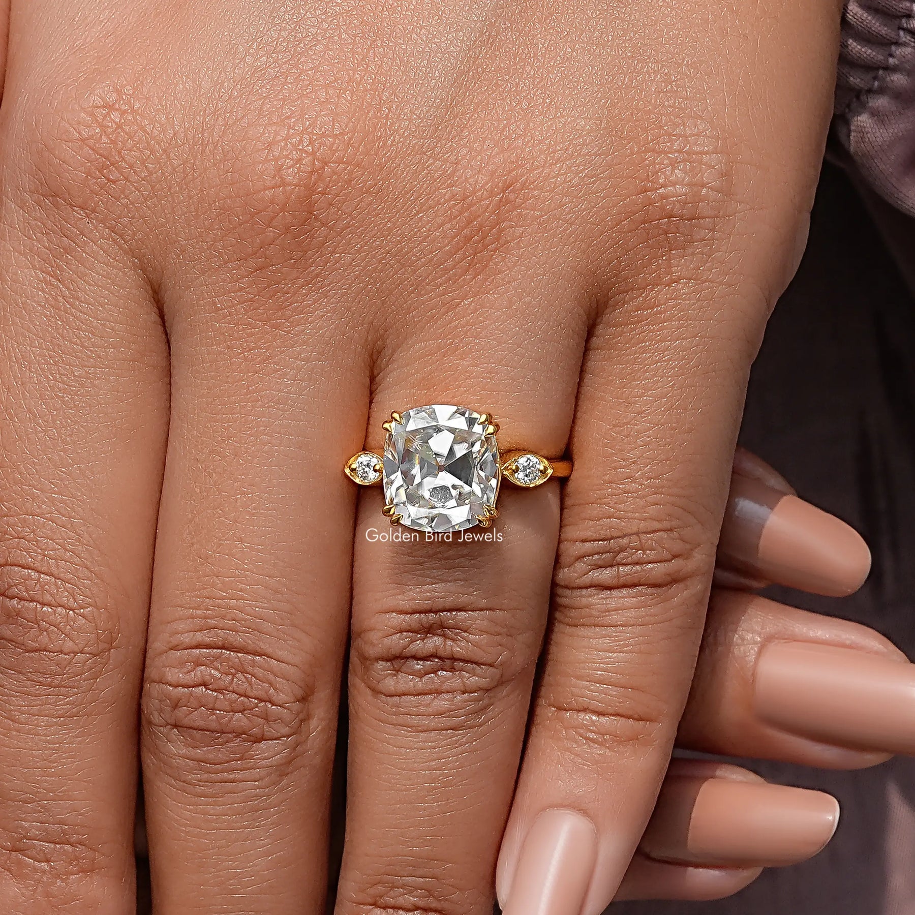 Old Mine Cushion Three Stone Moissanite Ring