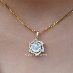 Portuguese Cut Moissanite Halo Pendant For Her