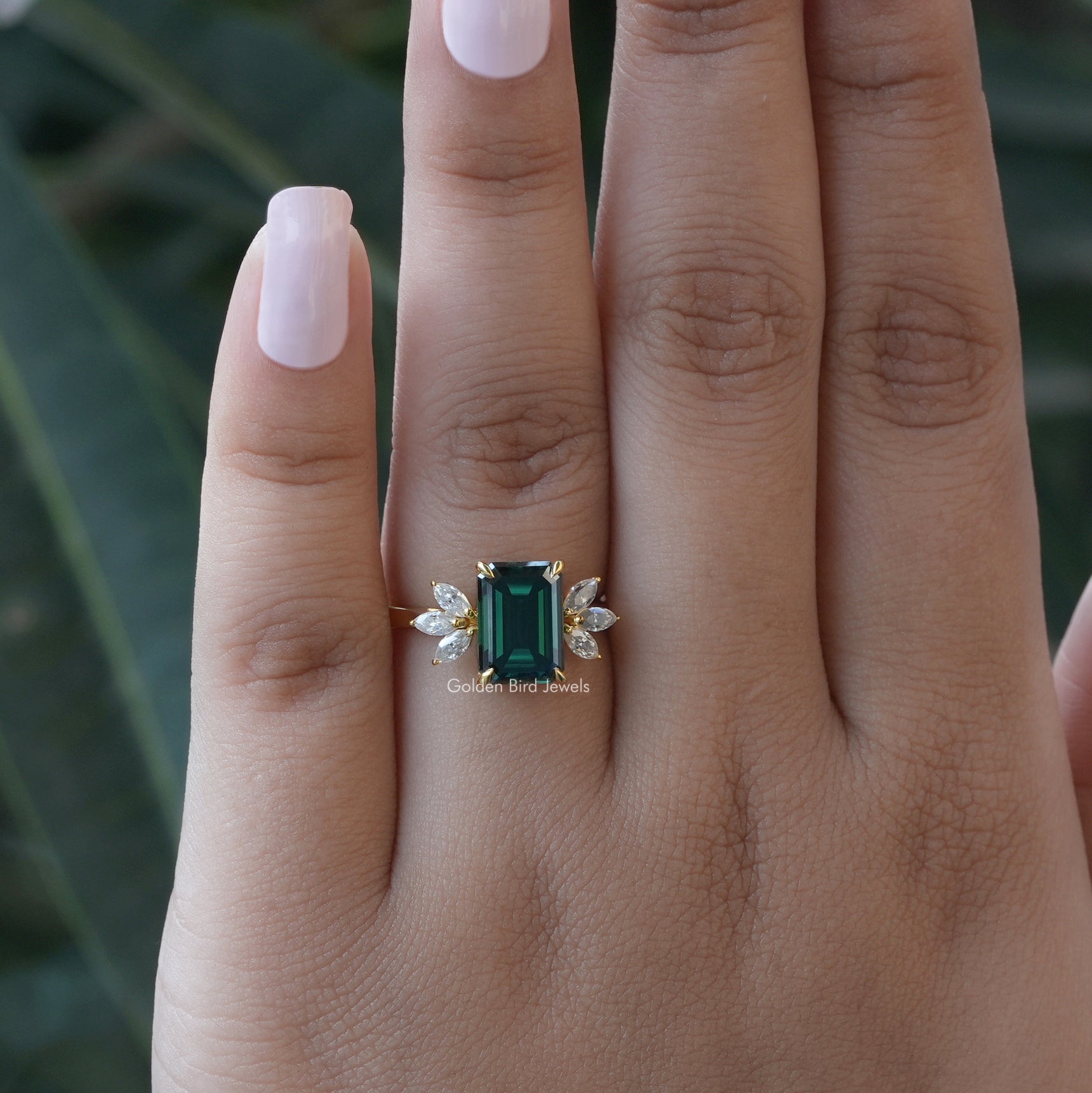 Detailed View Of Dark Green Emerald Cut Moissanite Ring