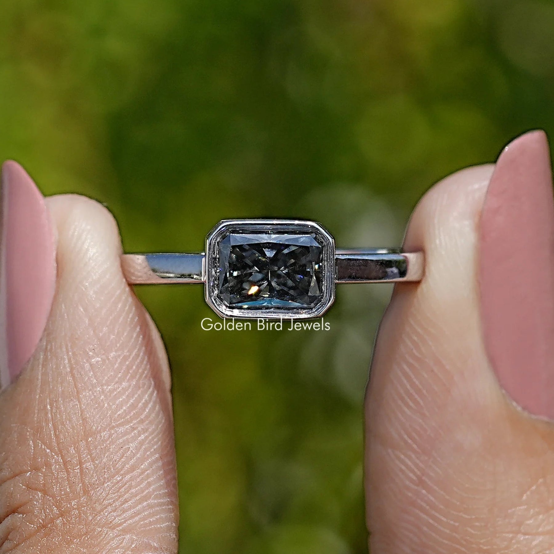 Gray Radiant Cut Moissanite Solitaire Ring