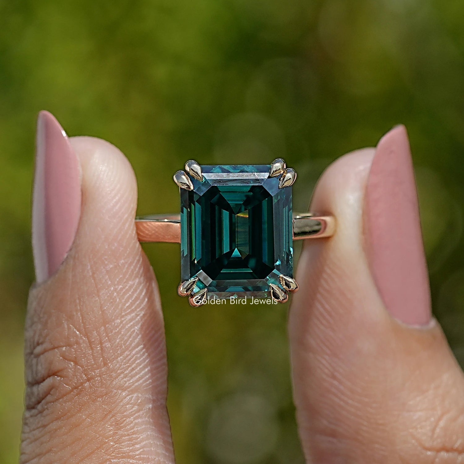 Front View of Dark Green Emerald Cut Moissanite Engagement Ring