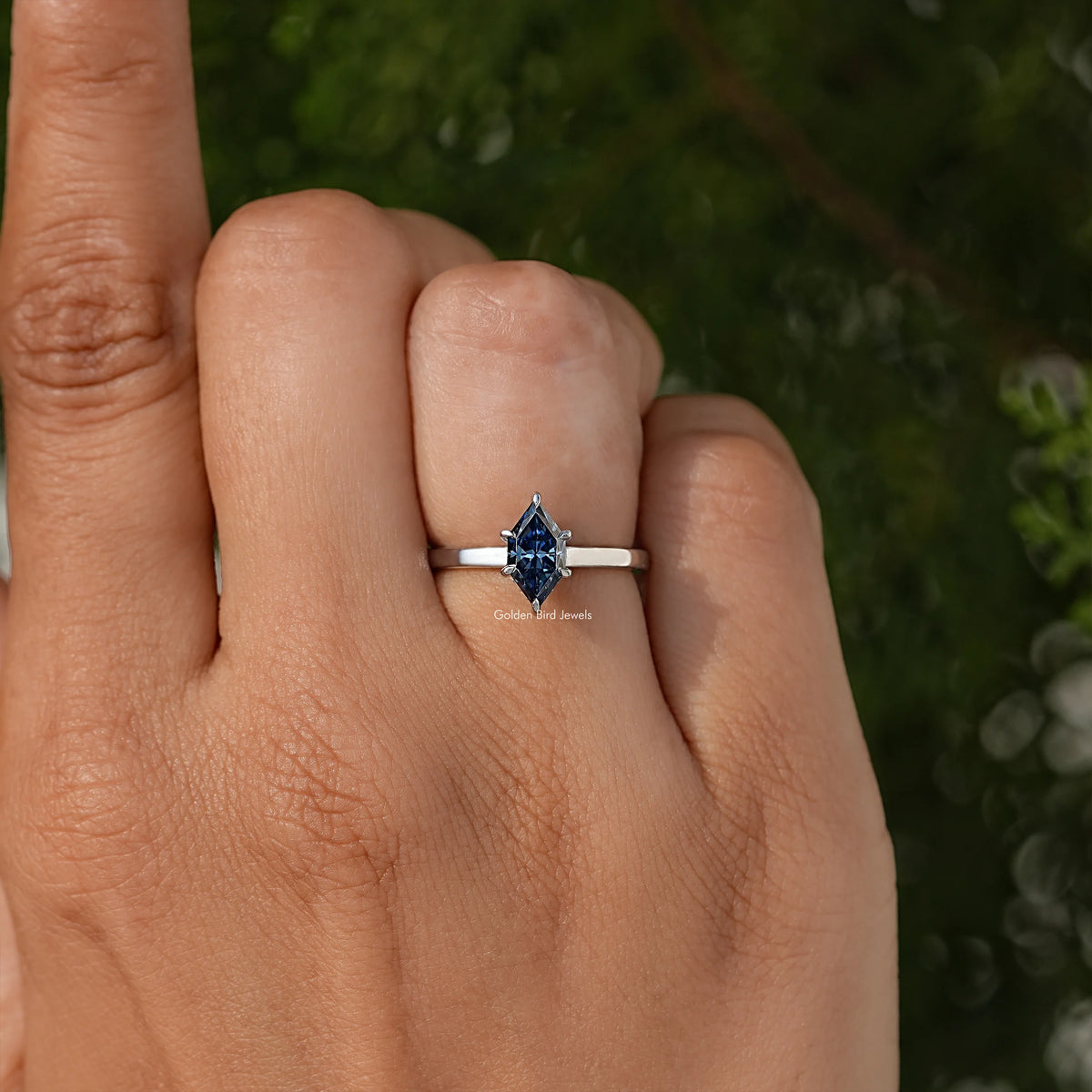 Blue Dutch Marquise Cut Moissanite Hidden Halo Ring