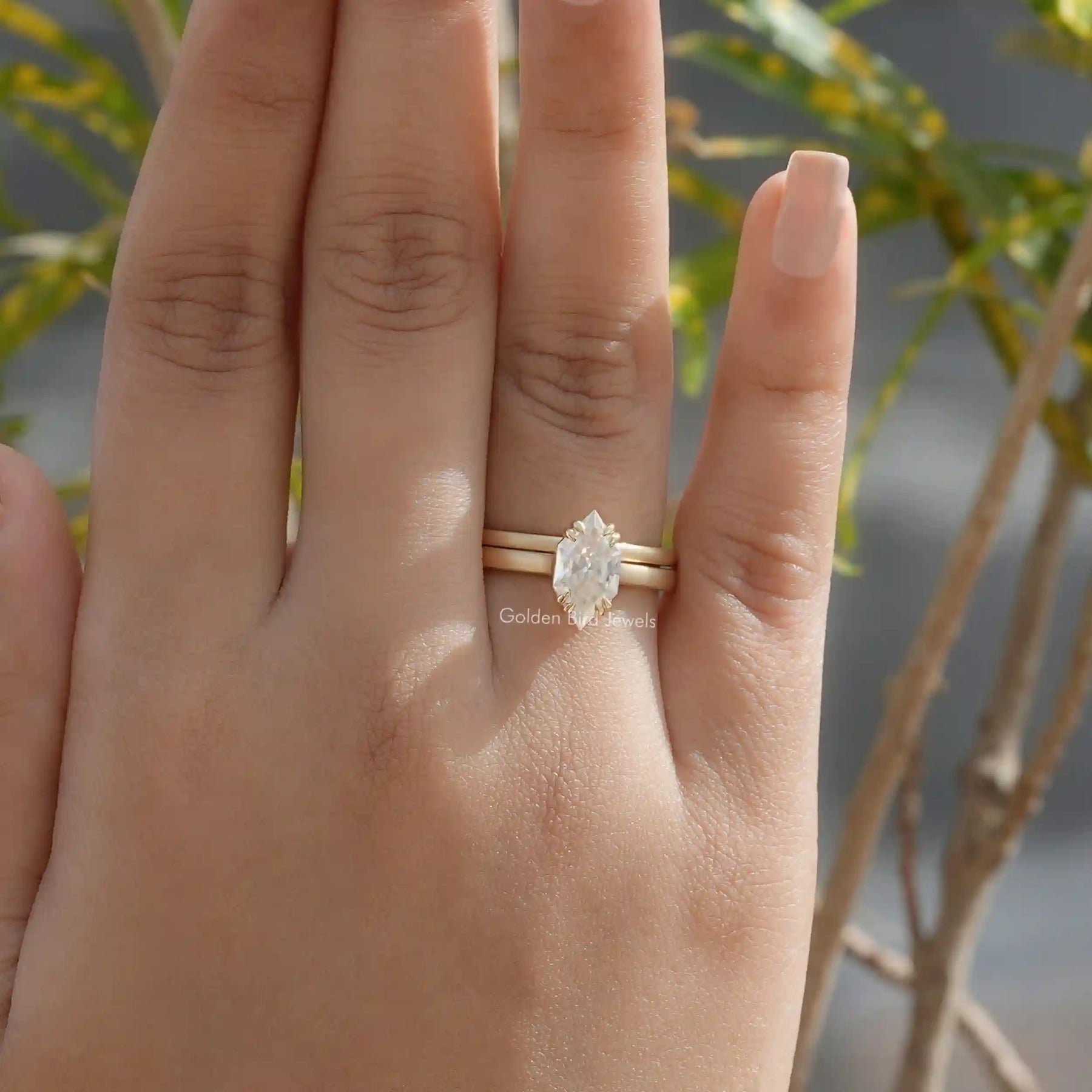 View of Douuble Prong Dutch Marquise Cut Bridal Ring In secure setting