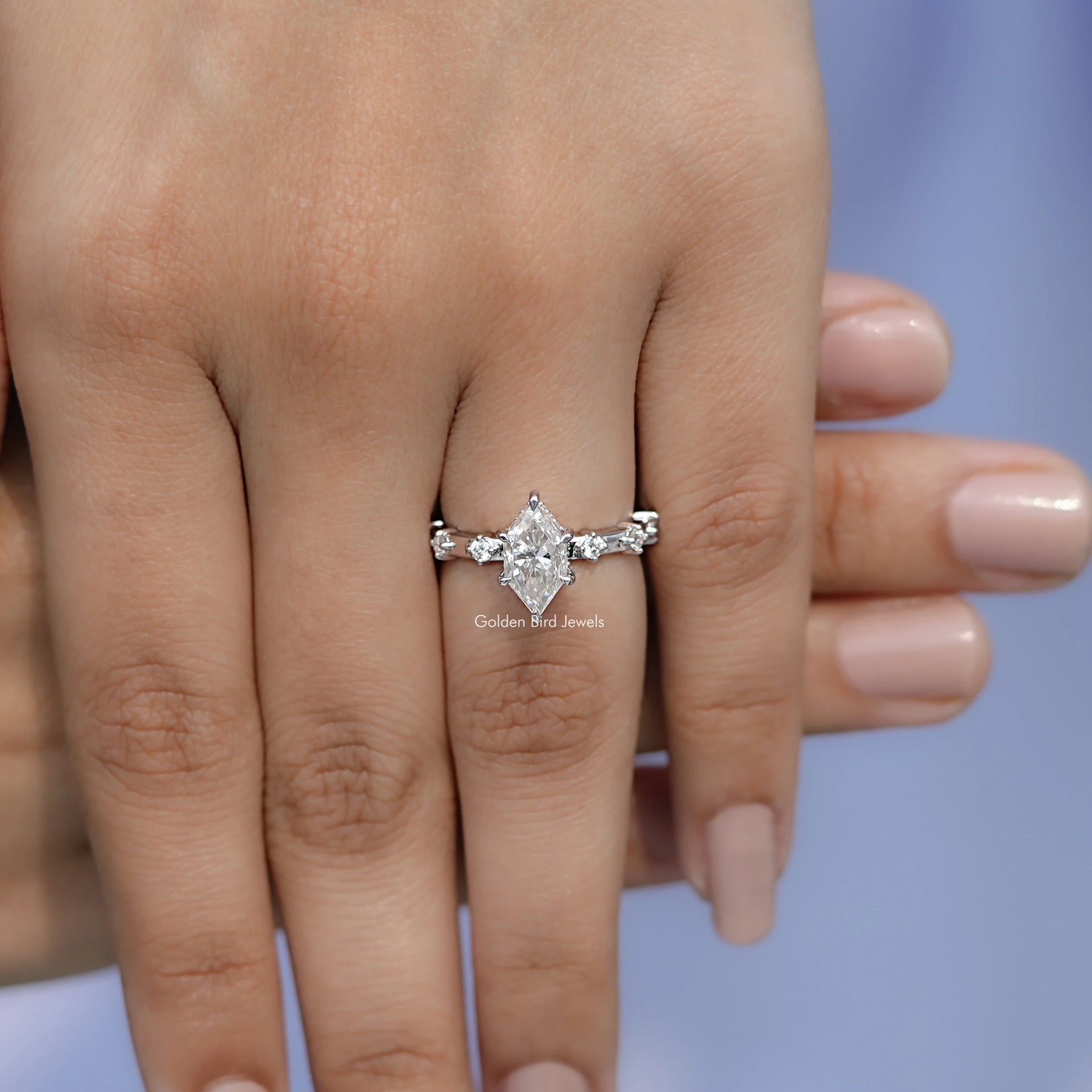 View of solitaire Dutch Marquise Cut Ring in prongs setting 