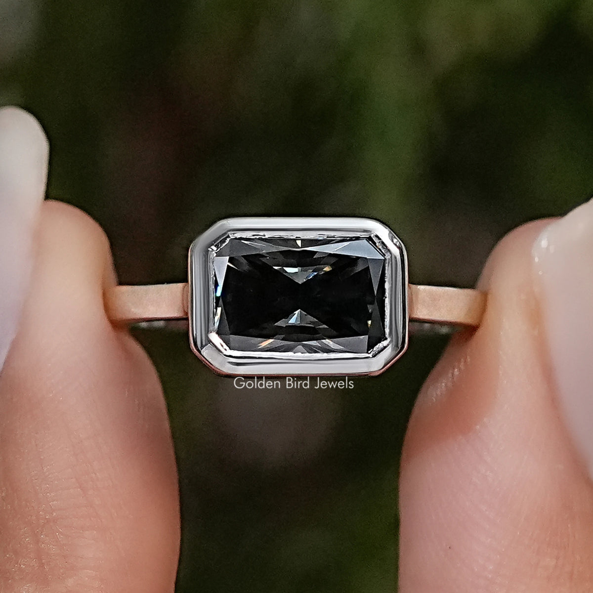 Sterling silver solitaire ring with square radiant-cut gray moissanite center stone
