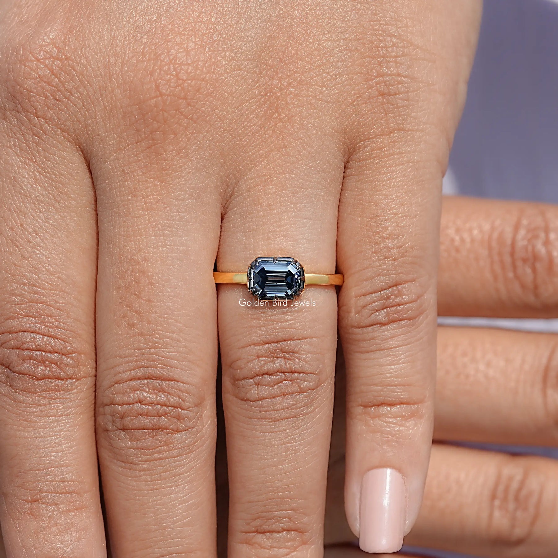 East West Old Mine Emerald Moissanite Solitaire Ring