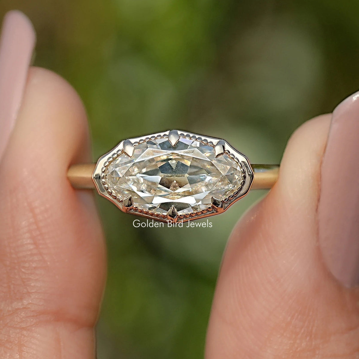 East West Old Mine Moval Moissanite Solitaire Ring