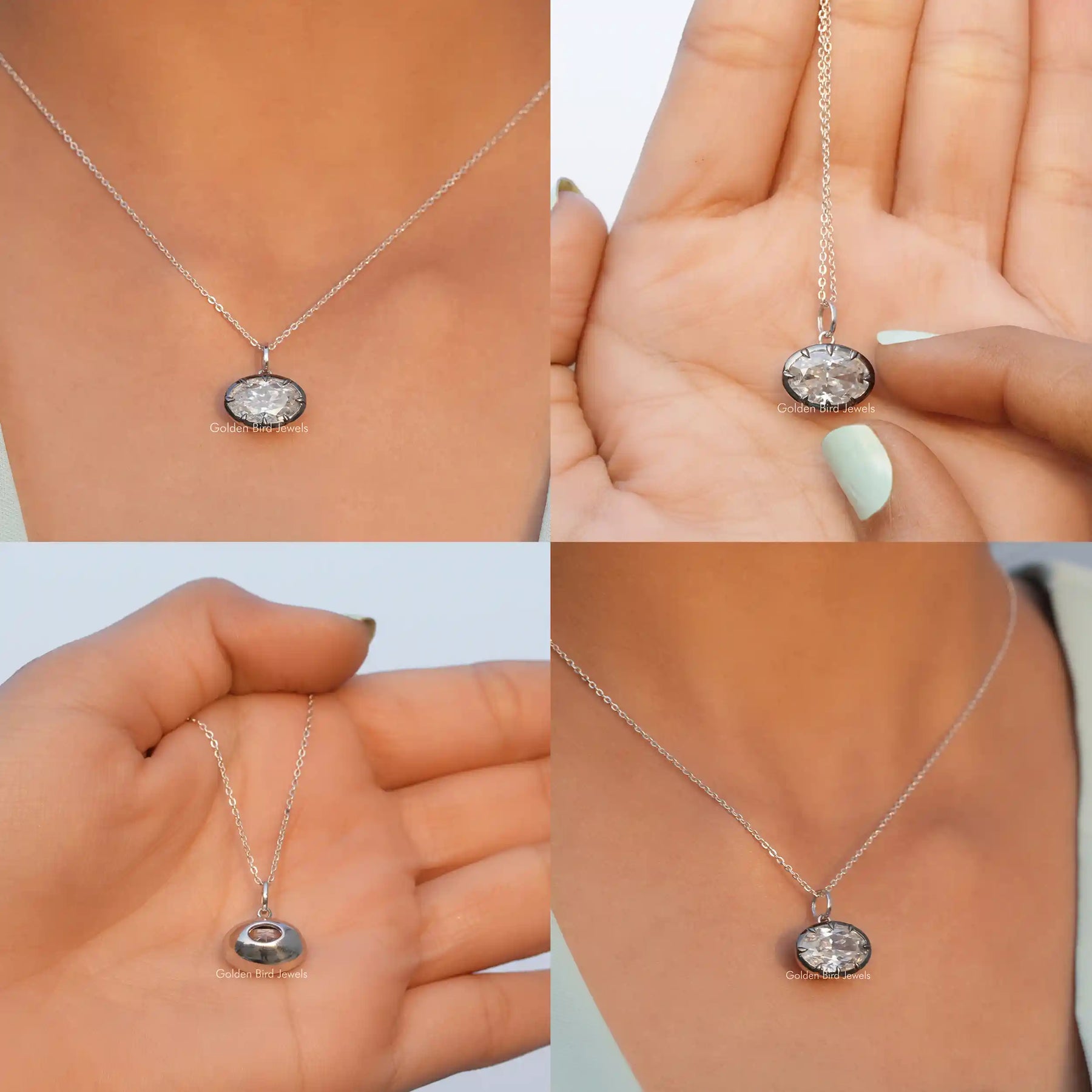 Front side back and close view of solitaire oval cut pendant 