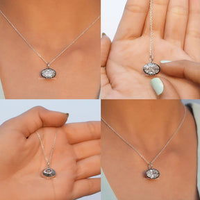 Front side back and close view of solitaire oval cut pendant 