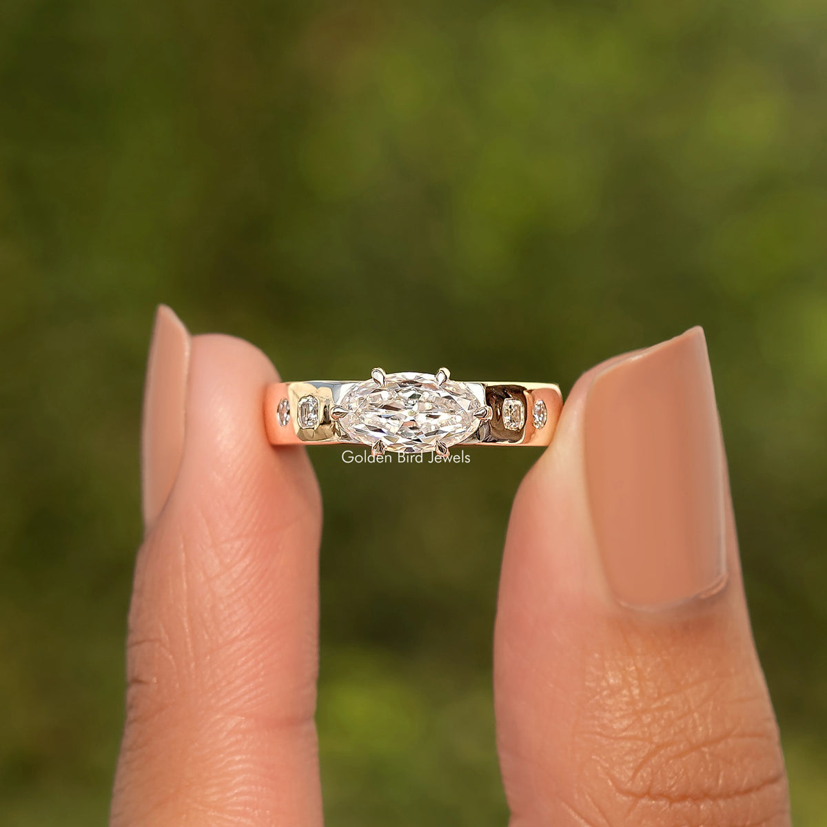 East West Set Old Moval Cut Moissanite Accent  Ring