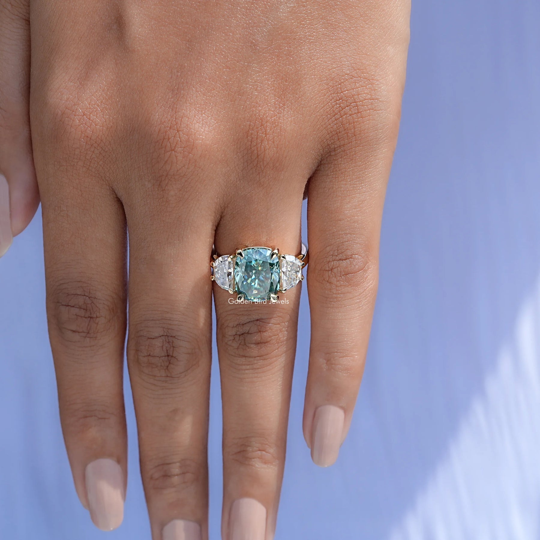 Elongated Green Cushion 3 Stone engagement ring 
