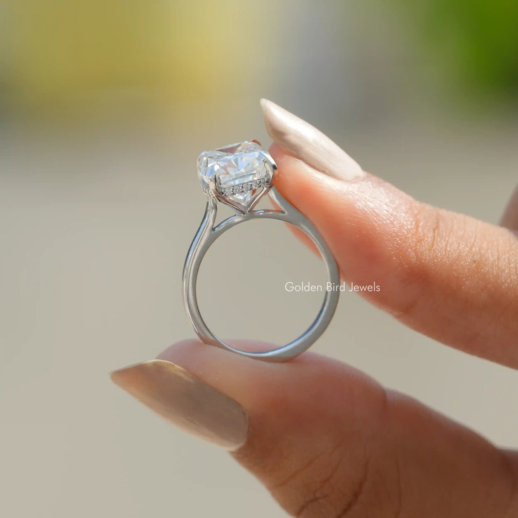 Back view of Cushion Lab Diamond Hidden Halo Ring in secure setting 