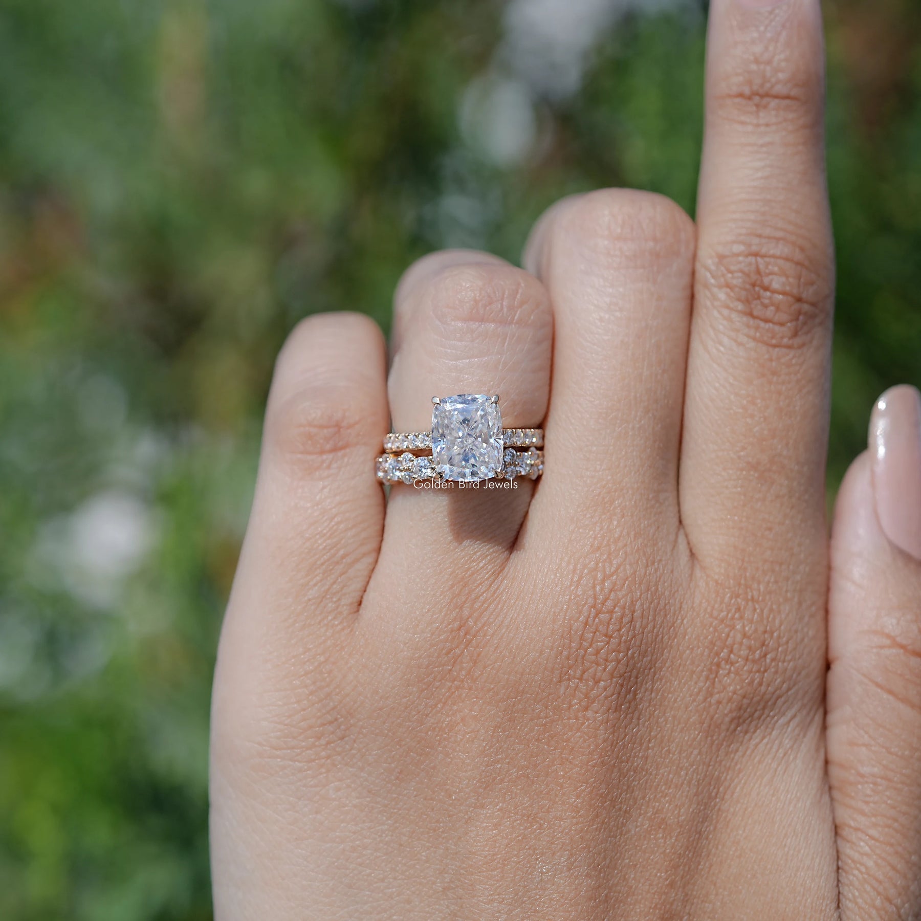 Elongated Cushion Cut Moissanite Ring Set