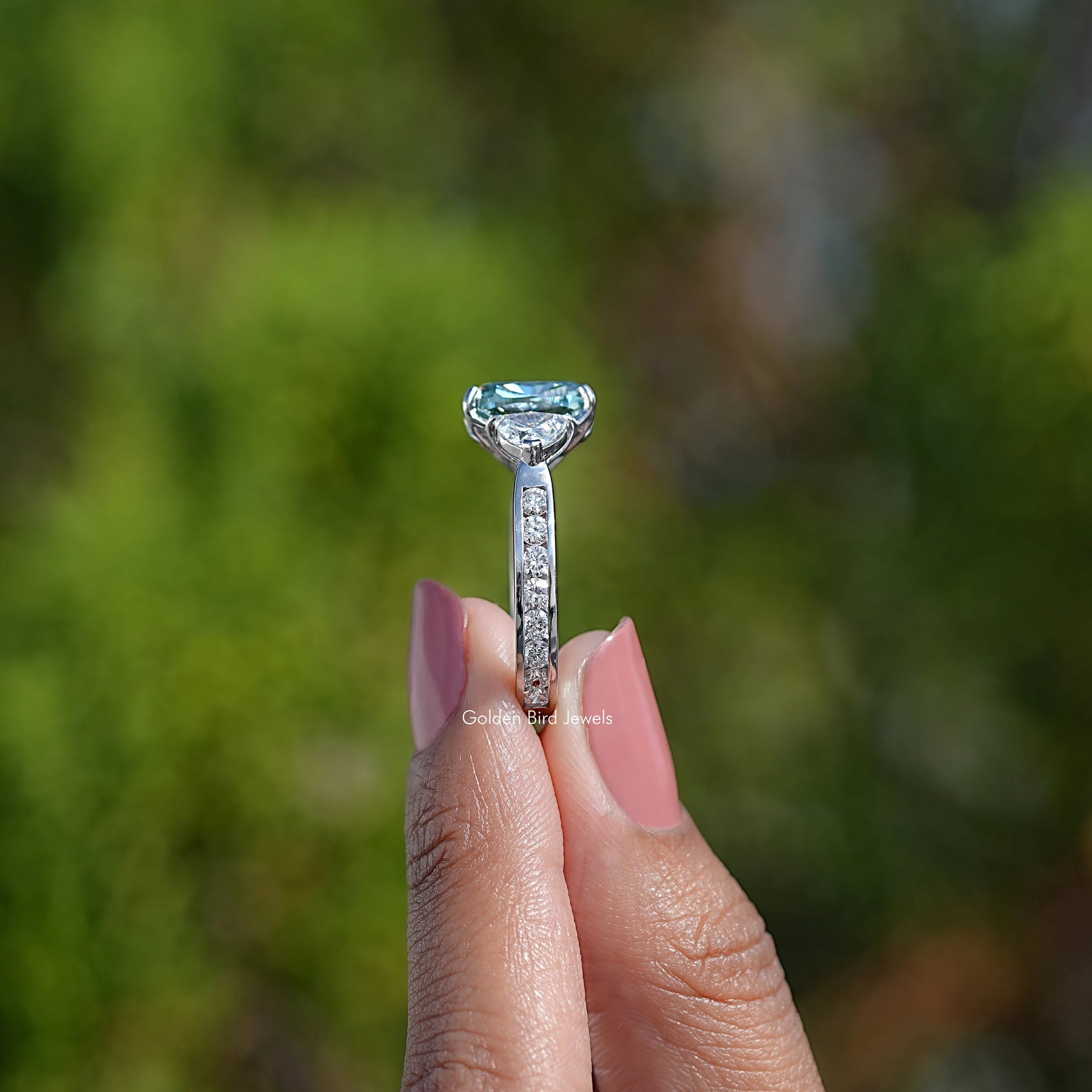 Elongated Cushion Moissanite Three Stone Ring