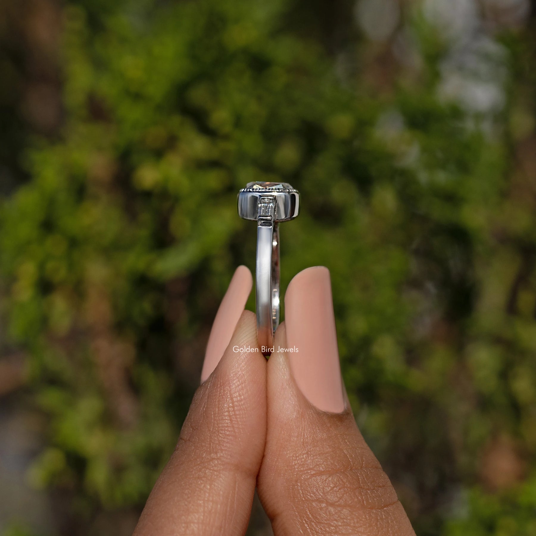 Elongated Old Mine Cushion Moissanite Three Stone Ring