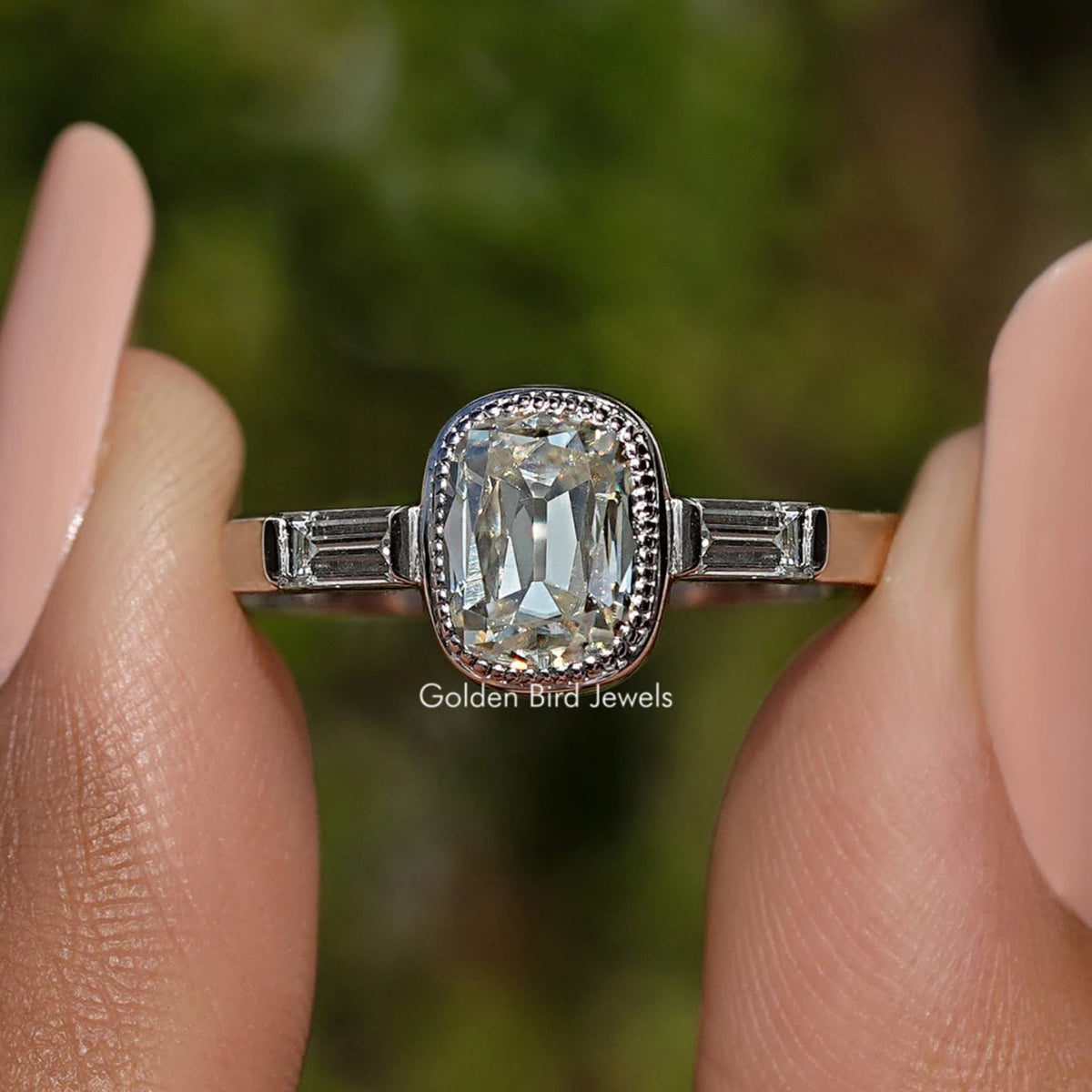Elongated Old Mine Cushion Moissanite Three Stone Ring