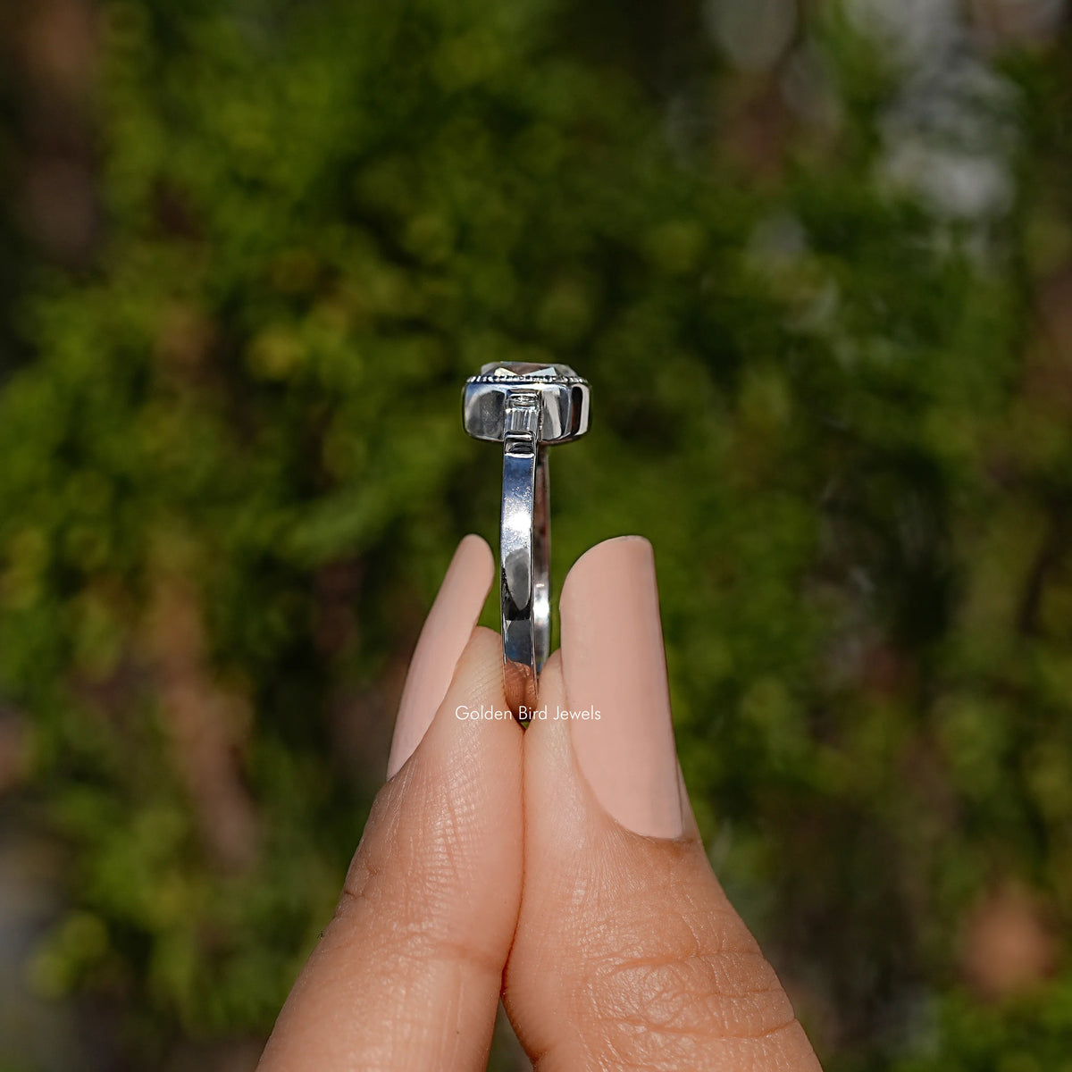 Elongated Old Mine Cushion Moissanite Three Stone Ring