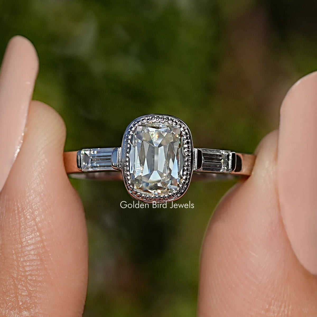 Elongated Old Mine Cushion Moissanite Three Stone Ring