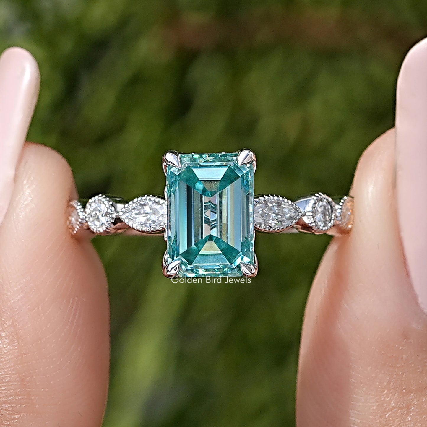 Emerald Cut Moissanite Gemstone Engagement Ring