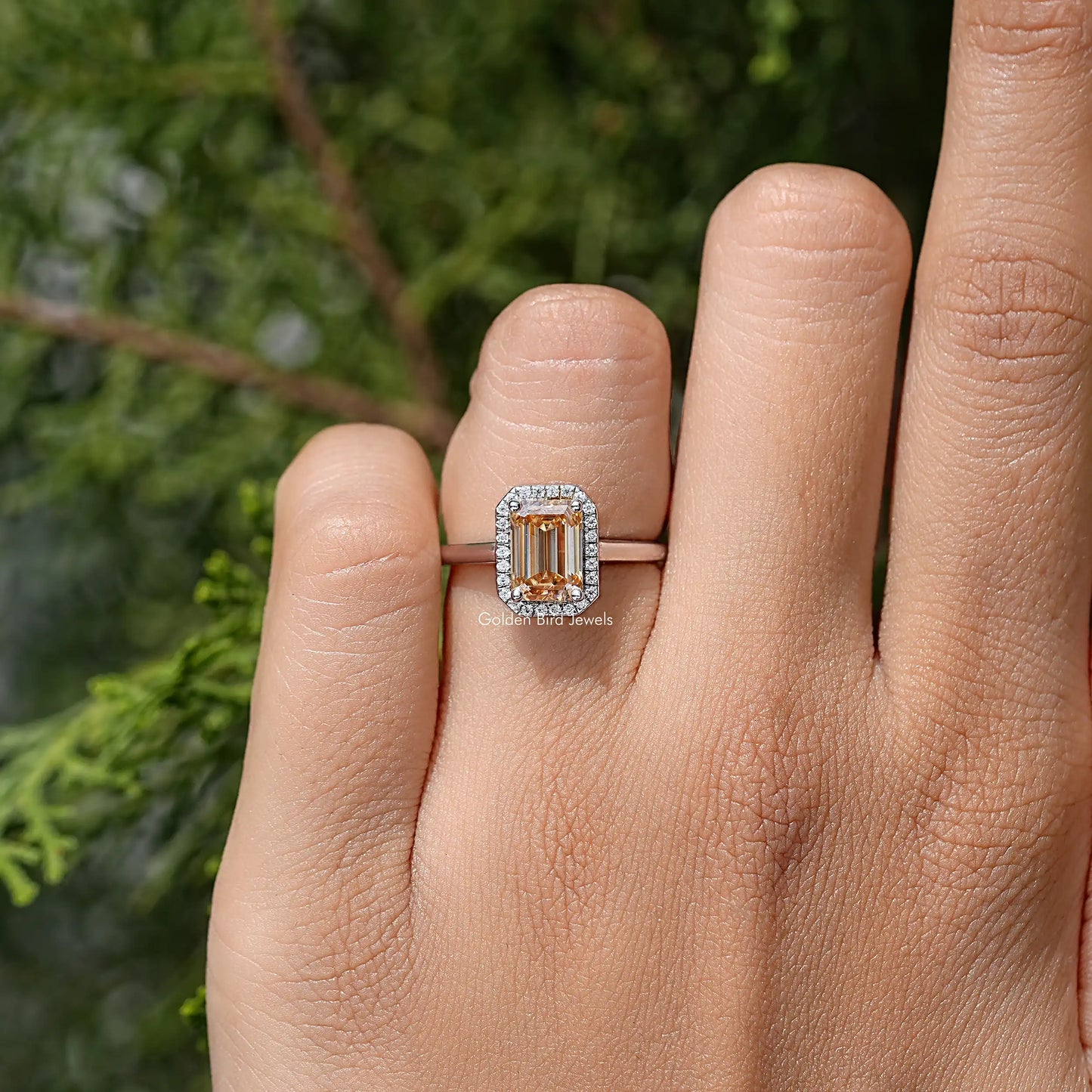 Emerald Cut Moissanite Halo Engagement Ring