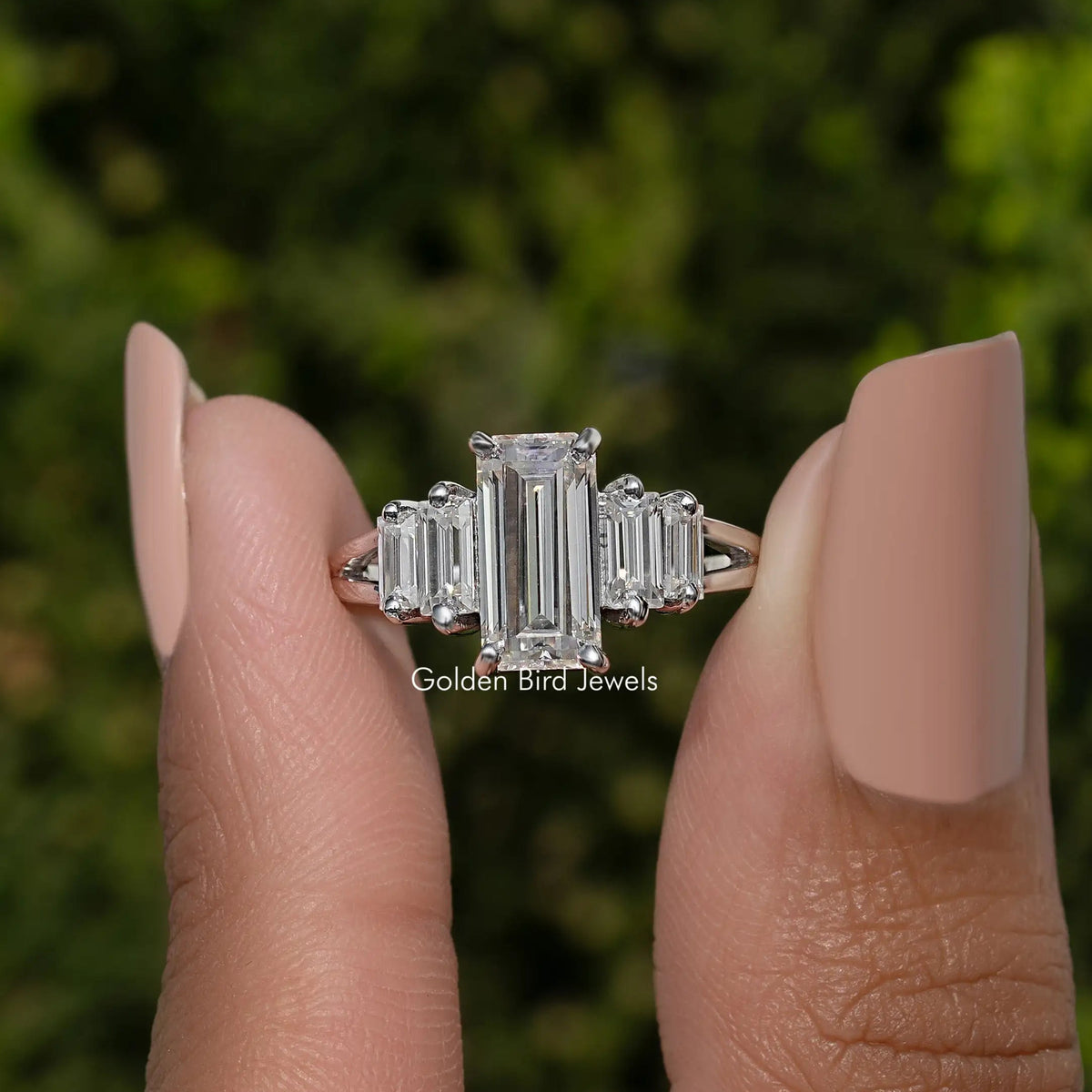 Emerald Cut Moissanite Split Shank Five Stone Ring