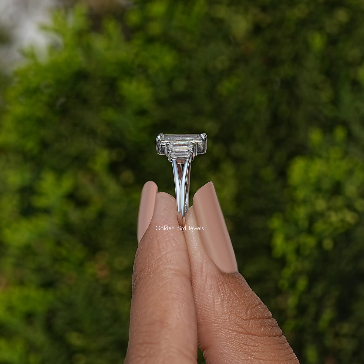 Emerald Cut Moissanite Split Shank Five Stone Ring