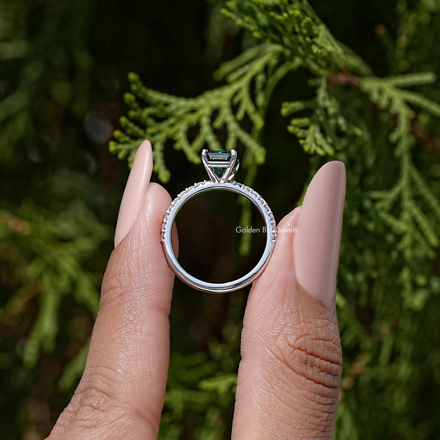 Green Radiant Moissanite Gemstone Solitaire Accent Ring