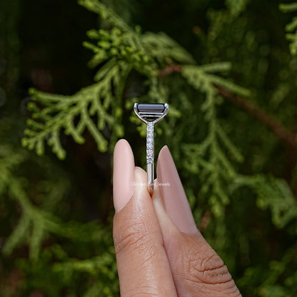 Black Emerald Cut Moissanite Gemstone Accent Ring
