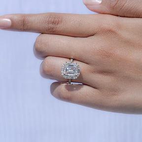 Emerald And Baguette Moissanite Halo Engagement Ring